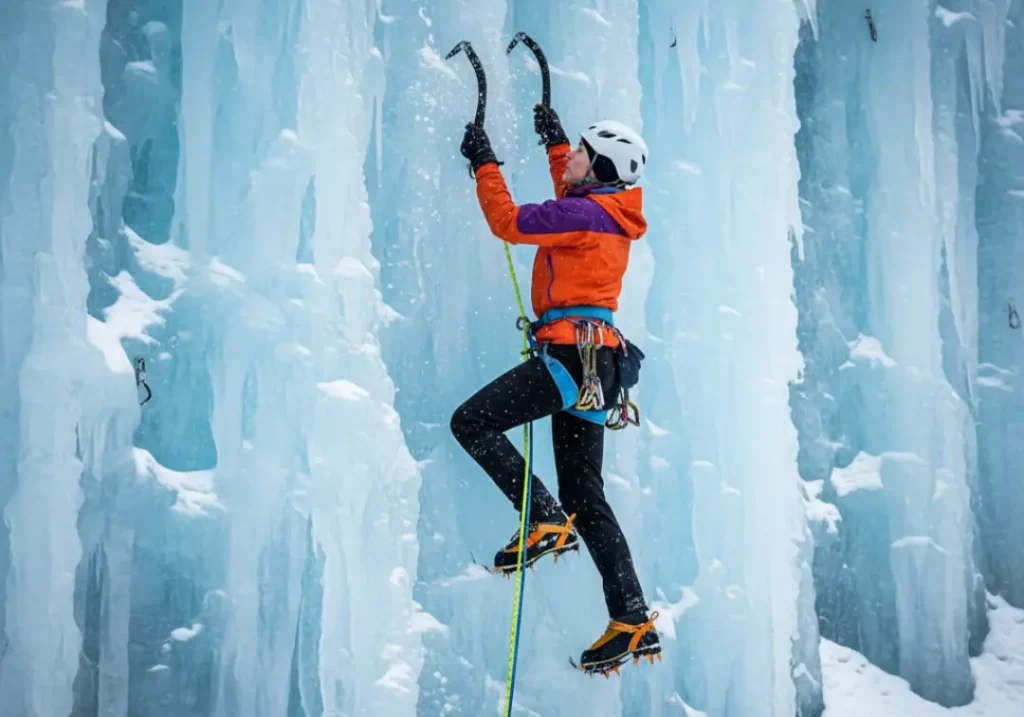 A full-body shot of a fit woman in her late 20s ice climbing on a blue ice wall, with her wet and frosty rope highlighting the hazardous conditions.