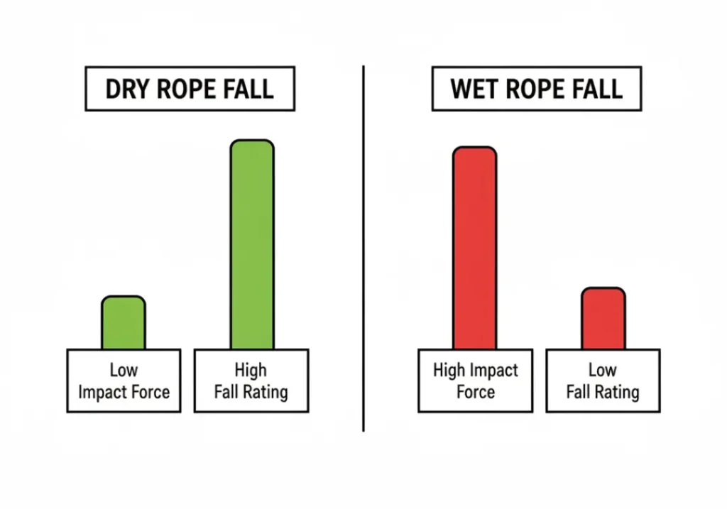 A two-panel diagram comparing the performance of a dry vs. wet climbing rope in a fall. The dry rope shows low impact force and a high fall rating, while the wet rope shows high impact force and a low fall rating.