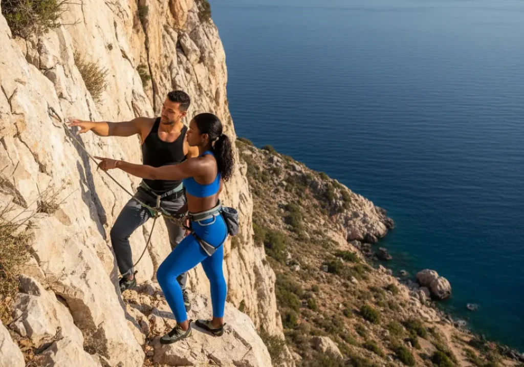 An experienced male climber mentors a female climber on a sunny rock face by the ocean, demonstrating the social bonds of climbing.