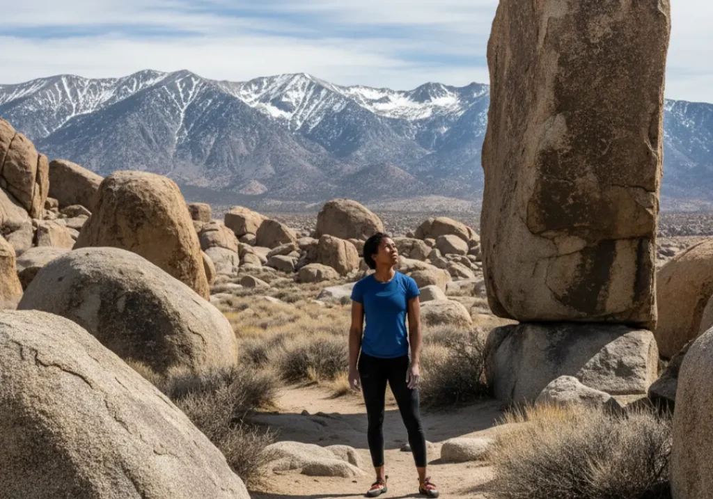 A lone woman stands before a massive, intimidating boulder in a vast landscape, contemplating the challenge ahead.