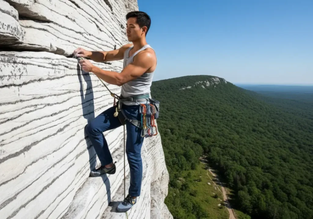 A muscular male climber placing protection in a horizontal crack, showcasing the unique climbing style of the Gunks.