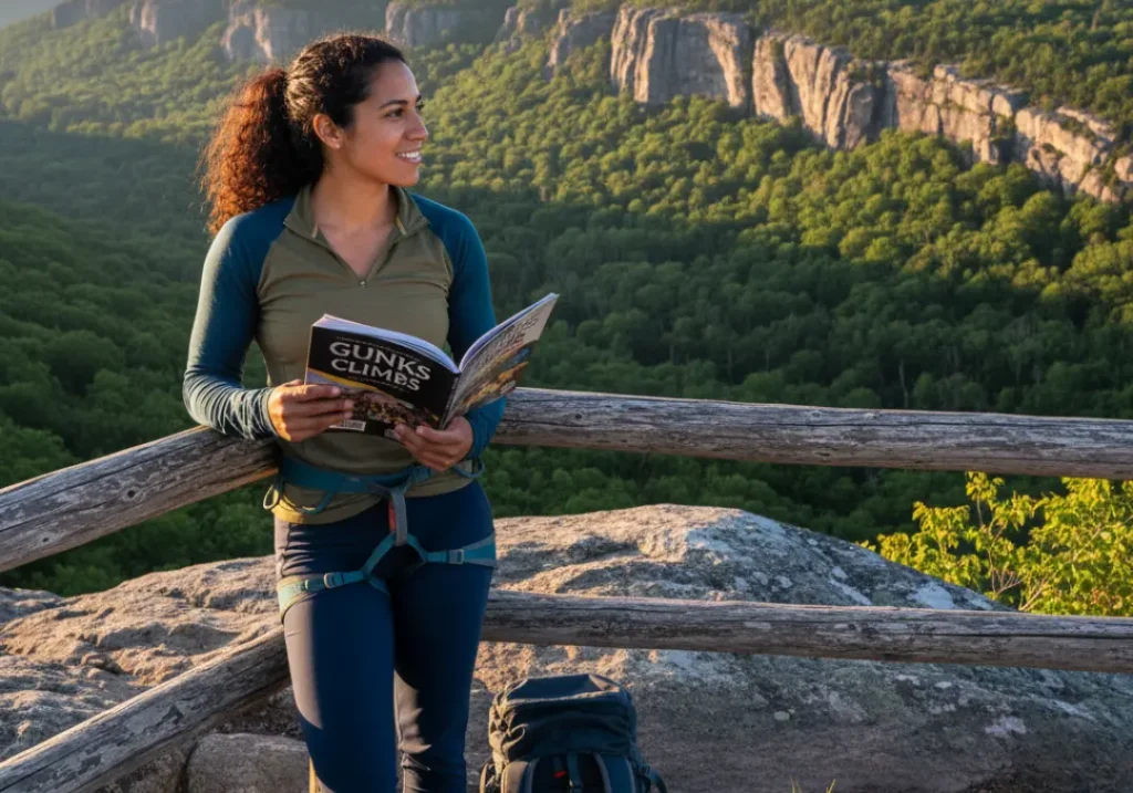 A beautiful woman with an athletic figure planning her climbing trip while looking out at the Shawangunk Ridge.