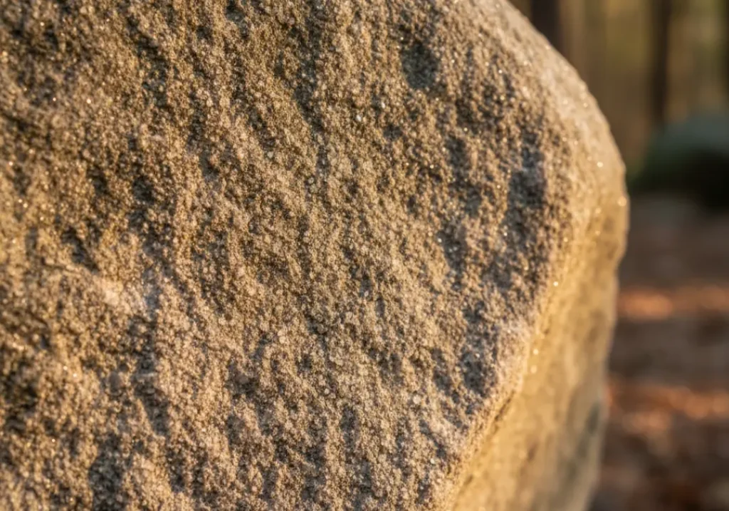 A detailed close-up of the unique, fine-grained texture of a Fontainebleau sandstone boulder.