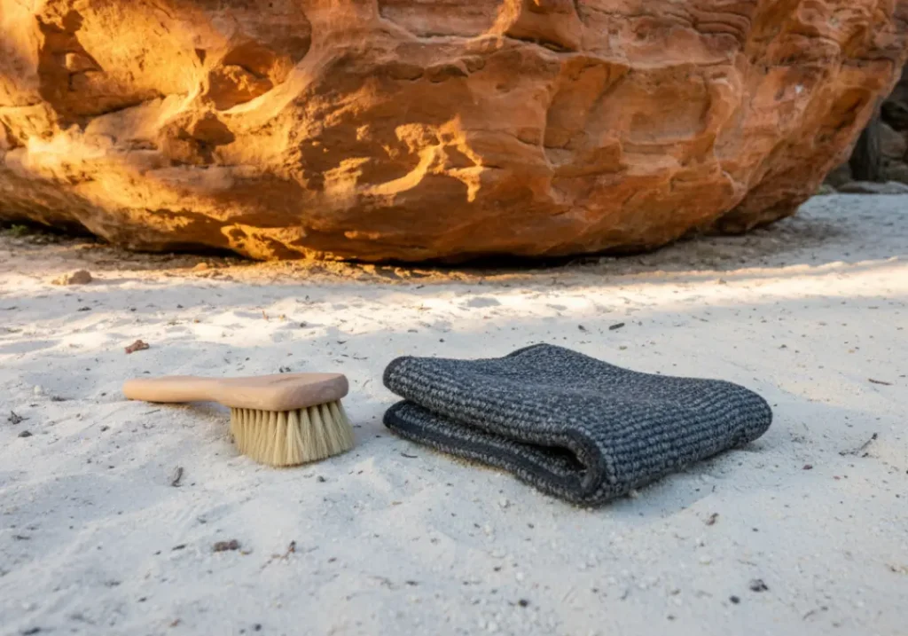 A soft bouldering brush and a shoe-cleaning mat rest on the sand at the base of a rock, representing the climber's code of conduct.