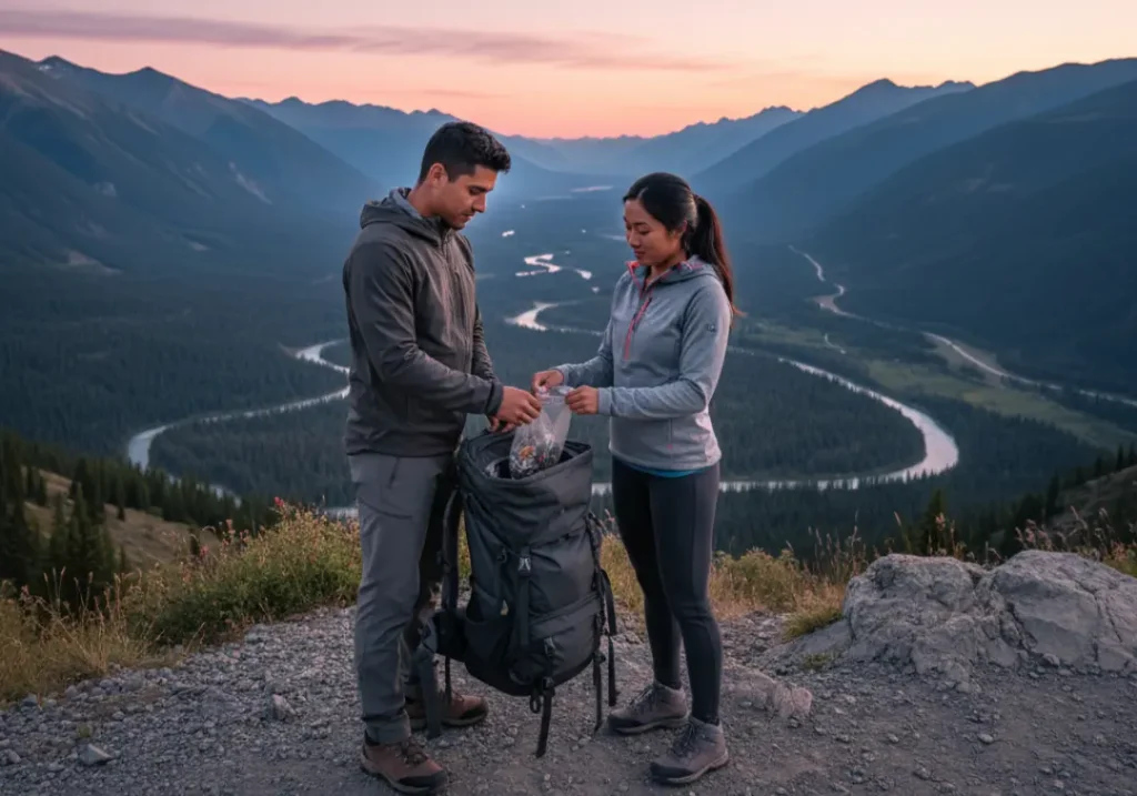 A climbing couple practices Leave No Trace by packing out trash while overlooking a magnificent mountain valley at sunset.