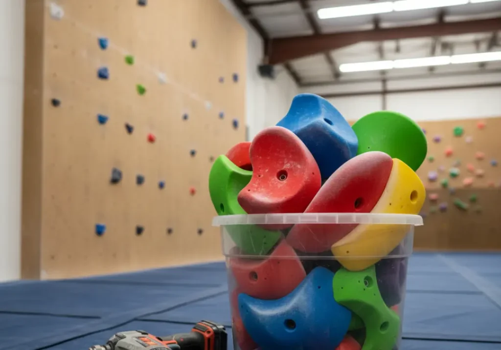 The tools of a routesetter, including a bucket of holds, a drill, and tape, on the floor of a climbing gym.