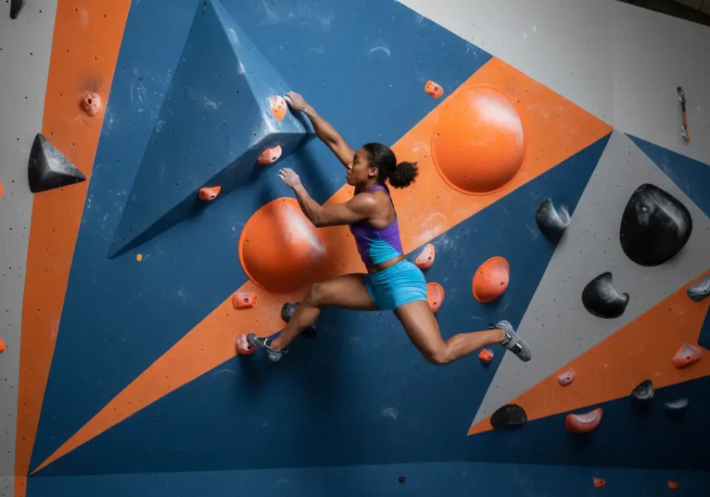 A wide shot of a powerful female climber executing a dynamic move on a steep competition bouldering wall.