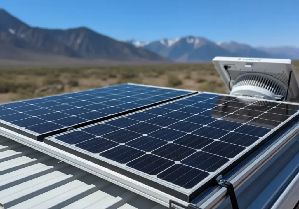 Solar panels and a vent fan installed on the roof of a camper van parked in a remote mountain setting.