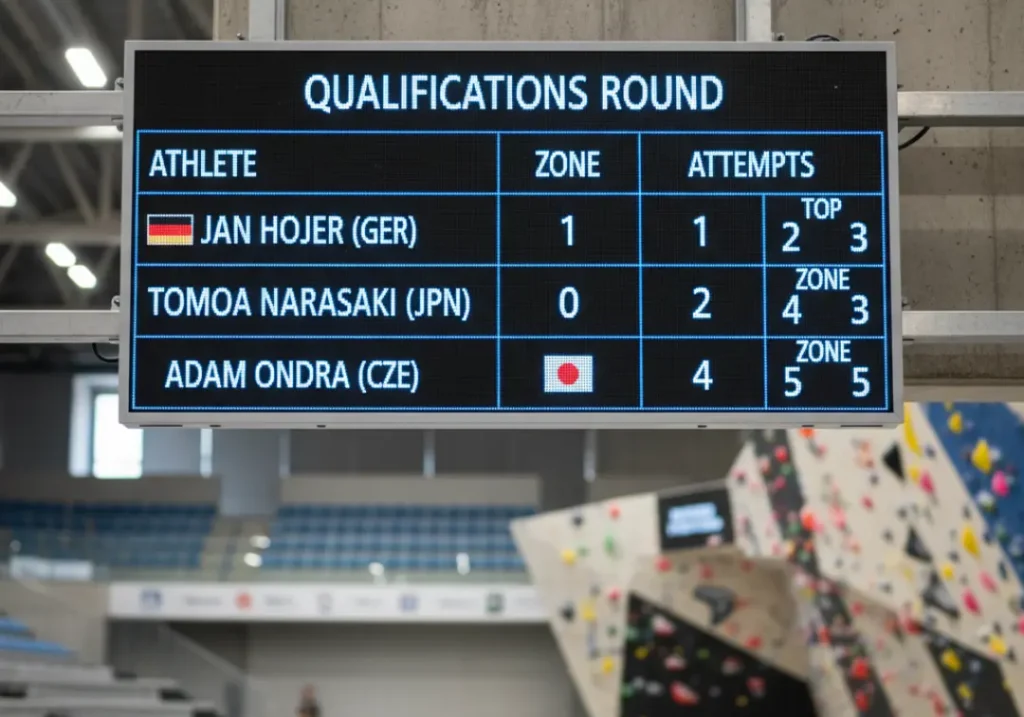 A close-up of a digital scoreboard at a bouldering competition showing the format for scoring athletes.