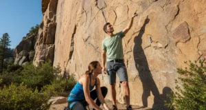 Your First Trad Rack: A Skill-Based Progression Guide A fit couple in their late 20s at the base of a granite cliff, organizing their first trad rack before a climb.
