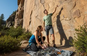 Your First Trad Rack: A Skill-Based Progression Guide A fit couple in their late 20s at the base of a granite cliff, organizing their first trad rack before a climb.