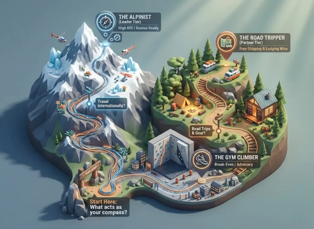 A stunning 3D isometric flowchart designed as a mountain topographic map. It guides climbers through a decision path to choose the right American Alpine Club membership tier, featuring visuals of snowy peaks, campsites, and climbing gyms.