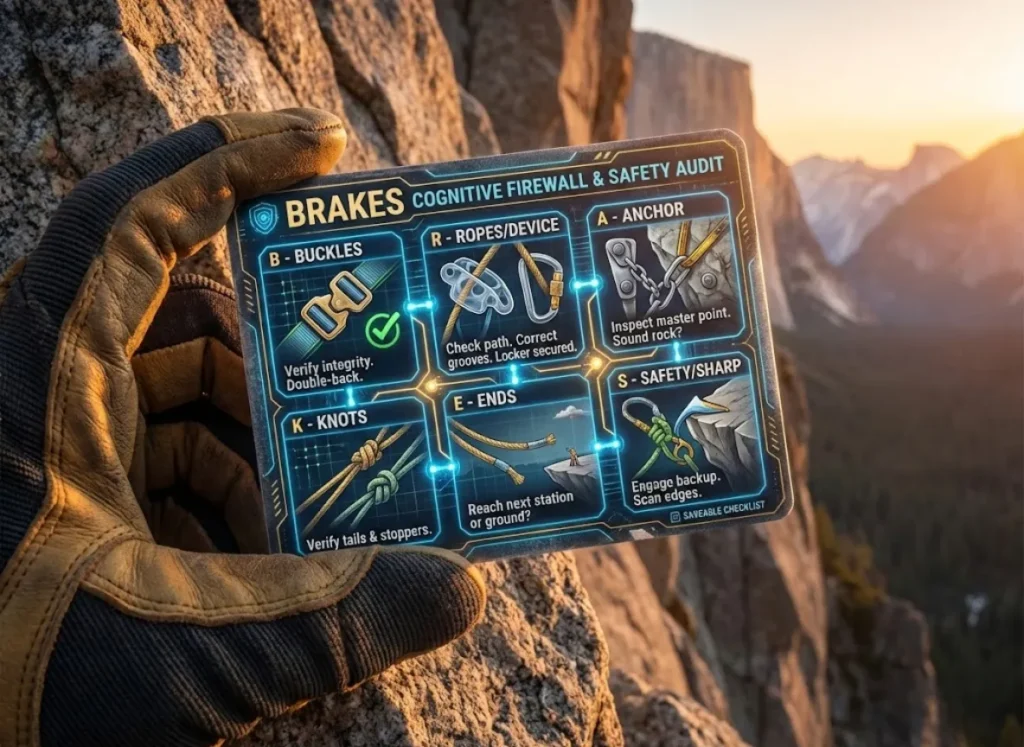 A close-up photograph of a gloved hand holding a rugged, illuminated "BRAKES Safety Audit Card" against a mountainous cliff backdrop. The card details the six-step rappelling safety check: B-Buckles, R-Ropes/Device, A-Anchor, K-Knots, E-Ends, S-Safety/Sharp, with icons and brief instructions for each step, rendered in a premium vector-realism style.