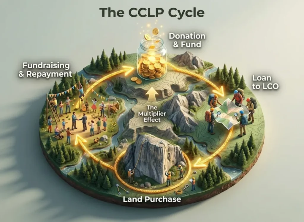 A stunning 3D isometric infographic illustrating the Climbing Conservation Loan Program cycle. A circular path connects a funding pool, a climber coalition, a mountain landscape, and a community fundraising event, demonstrating how money is recycled to save climbing areas.