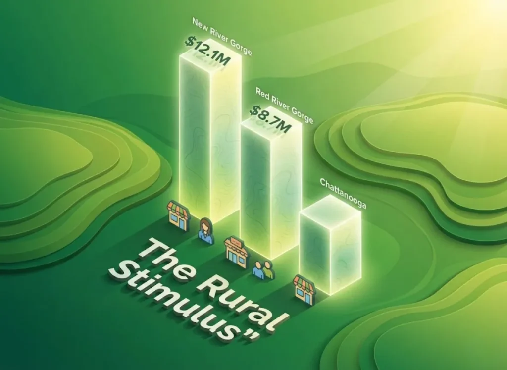 An infographic titled "The Rural Stimulus" showing a bar chart comparing annual visitor spending in the New River Gorge, Red River Gorge, and Chattanooga, illustrating the economic impact of protected climbing areas on rural communities.