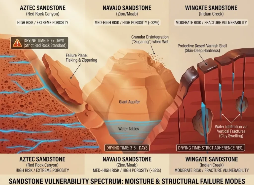 A sophisticated geological infographic illustrating the "Sandstone Risk Spectrum." It compares Aztec, Navajo, and Wingate sandstone formations in a cross-sectional landscape, visualizing their porosity, water saturation vulnerabilities like flaking and sugaring, and recommended drying times for climbing ethics.
