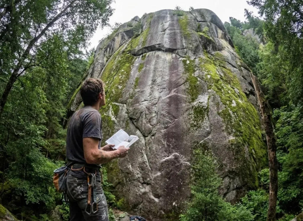 A rock climber standing at the base of a cliff looking up at a route surrounded by forest.