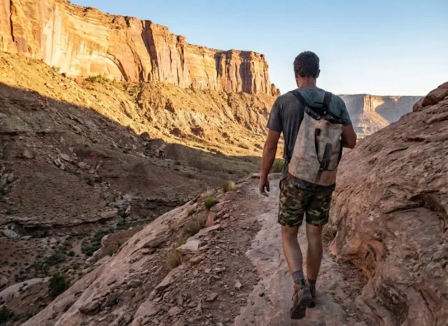 access-fund-stewardship-guide A climber with a backpack hiking on a dusty trail towards a large sandstone cliff face during sunset.