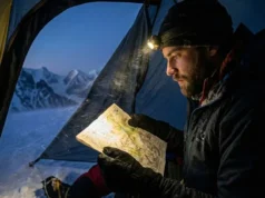 American Alpine Club Membership Review: The Real ROI A serious alpinist reviewing a map inside a tent vestibule during a snowstorm, representing the planning and risk mitigation of high-altitude climbing.