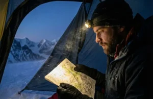 American Alpine Club Membership Review: The Real ROI A serious alpinist reviewing a map inside a tent vestibule during a snowstorm, representing the planning and risk mitigation of high-altitude climbing.