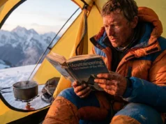 Best Climbing Books: The Ultimate Climber’s Library An alpine climber reading a mountaineering book inside a tent high in the mountains during sunset.