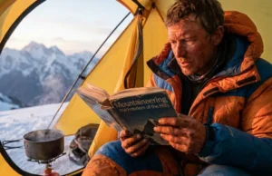 Best Climbing Books: The Ultimate Climber’s Library An alpine climber reading a mountaineering book inside a tent high in the mountains during sunset.