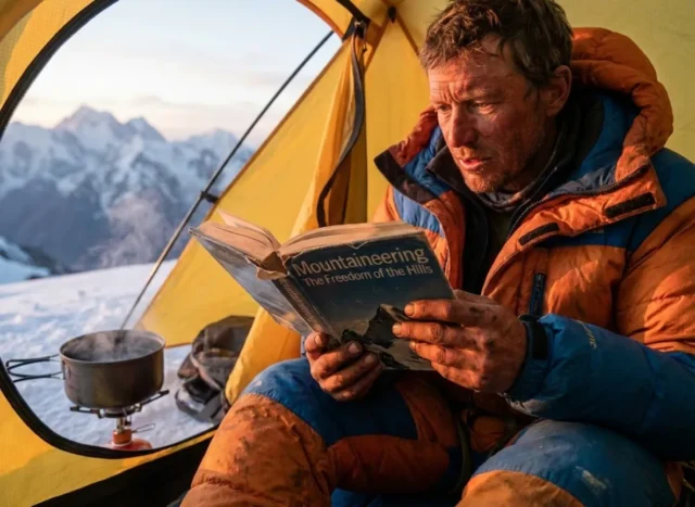 best-climbing-books-library An alpine climber reading a mountaineering book inside a tent high in the mountains during sunset.