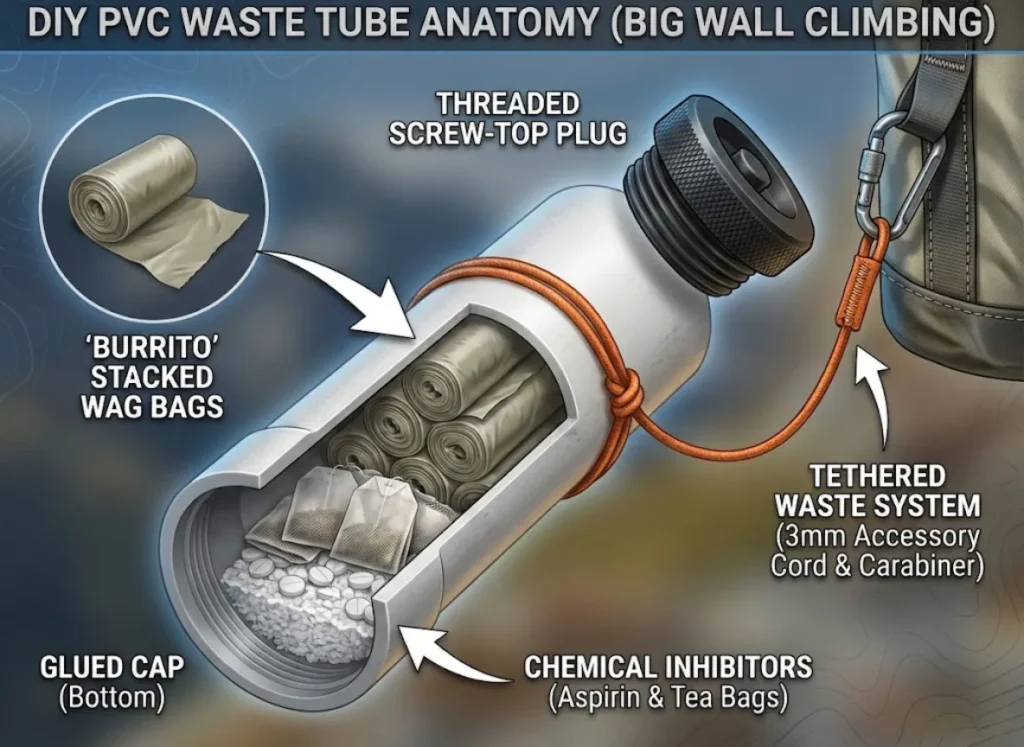 A cross-section diagram illustrating the construction and use of a PVC poop tube for big wall climbing, including labels for the glued cap, threaded plug, tether, stacked WAG bags, and chemical inhibitors.