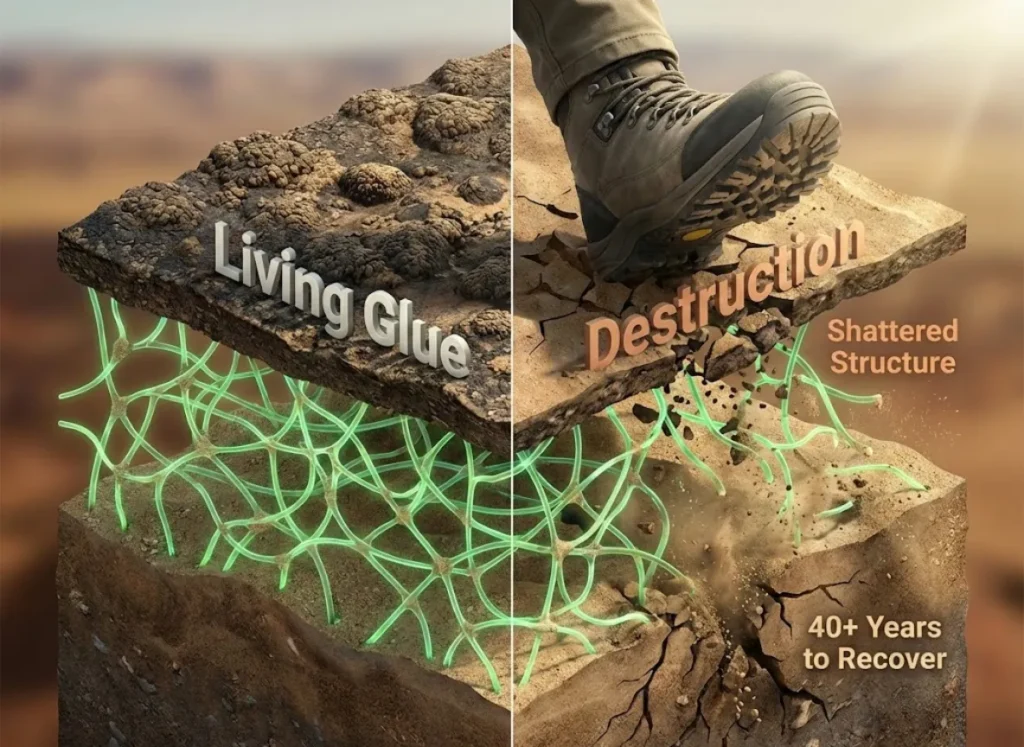 A split-screen macro cross-section of desert soil. On the left, healthy, knobby black biocrust is held together by glowing green biological fibers labeled "Living Glue." On the right, a hiking boot crushes the soil, snapping the fibers and causing dust to crumble, labeled "Shattered Structure."
