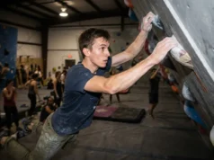 Bouldering Competition Training: 12-Week Peaking Plan A climber executing a high-intensity dynamic move during a training session.