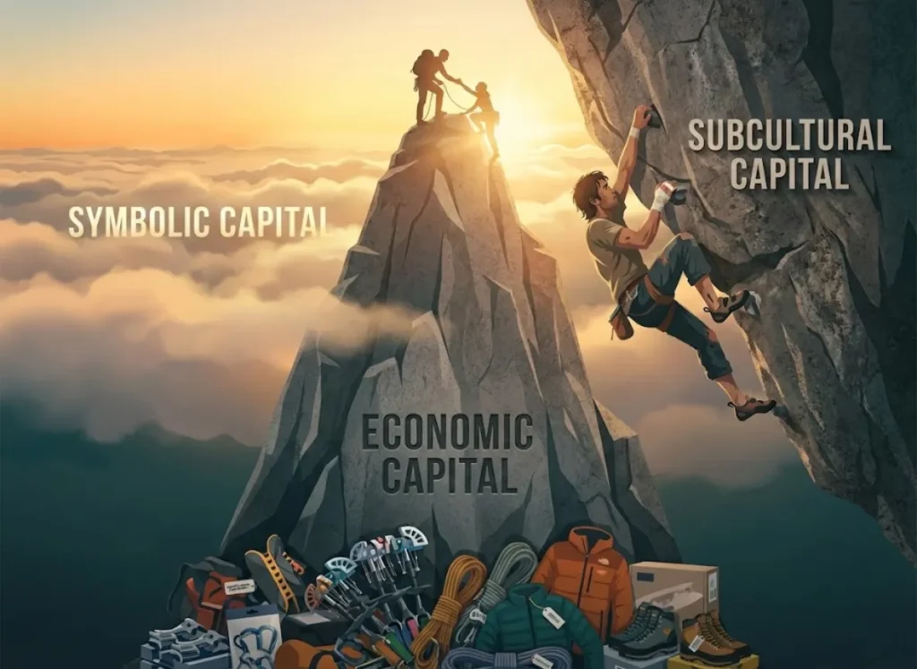 A stylized, surreal mountain illustration representing Pierre Bourdieu’s theory of capital in rock climbing. The base shows expensive gear labeled Economic Capital, the middle shows a skilled climber labeled Subcultural Capital, and the summit shows mentorship labeled Symbolic Capital.
