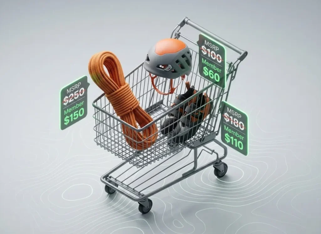 A stylized 3D illustration of a shopping cart containing a climbing rope, helmet, and shoes. Augmented reality price tags float above each item, comparing the high MSRP price crossed out against the lower Member Price in green, illustrating the savings of AAC membership.