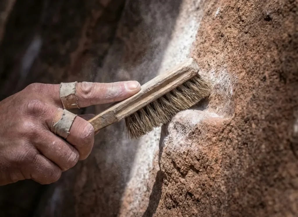 Close-up of a hand using a boar's hair brush to clean chalk off a textured sandstone climbing hold.