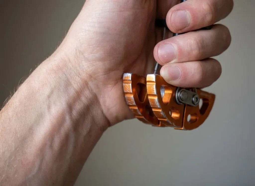 Close-up of a climber's hand inspecting the aluminum lobes of a Metolius Master Cam for wear and damage.