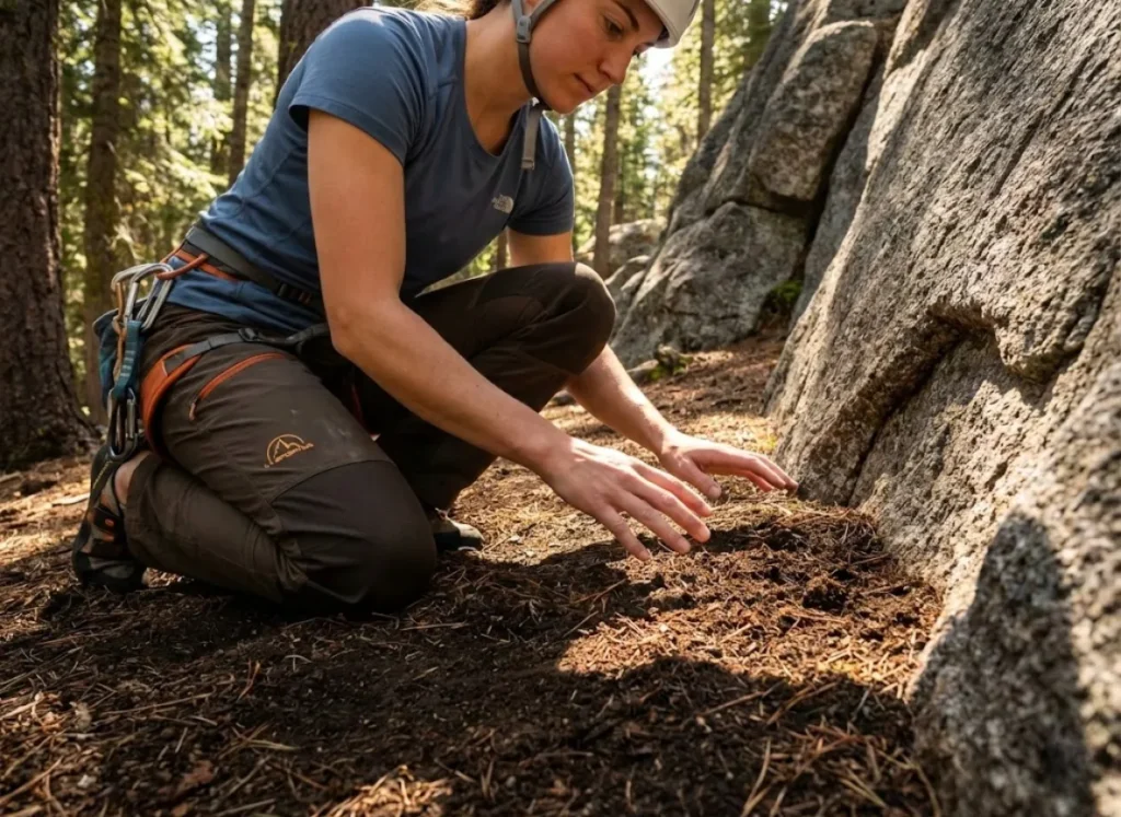 A female climber kneeling in a forest transition zone, assessing the soil composition to determine the correct waste disposal method.
