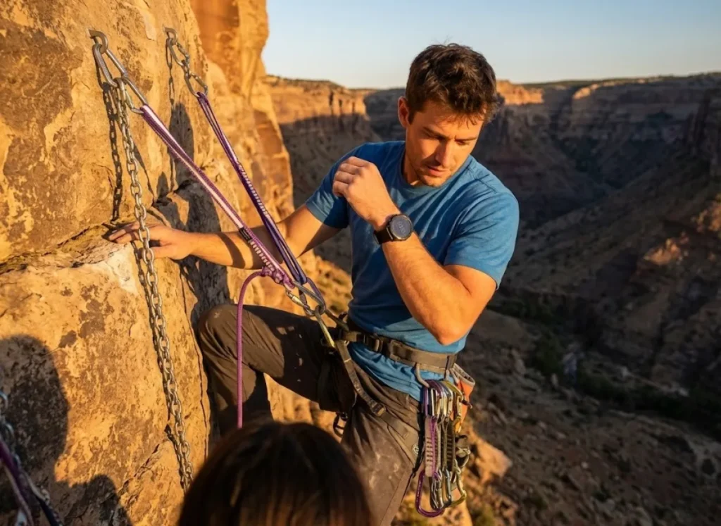 Climber anchored at the top of a route with a Metolius PAS and Garmin watch reviewing the climb performance.