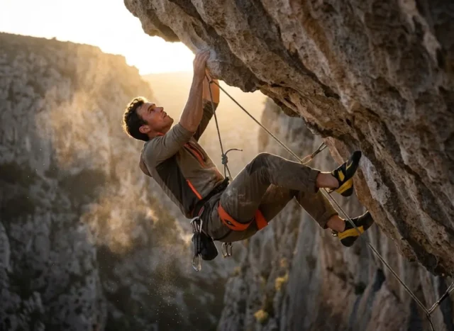climber-hanging-rope-analyzing-fall Climber hanging on a rope in a Black Diamond harness and La Sportiva shoes analyzing a climbing route after a fall.
