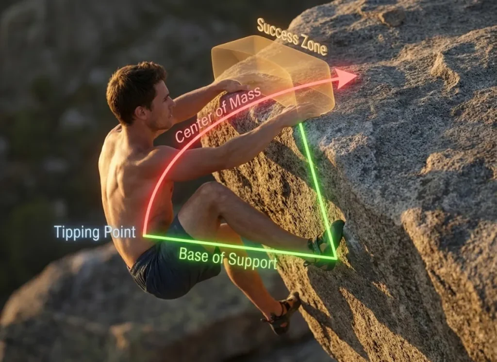 A side-profile infographic showing a rock climber performing a mantle move. Glowing vector overlays illustrate the biomechanics: a red arrow indicates the Center of Mass shifting forward, a green line marks the Base of Support between hand and heel, and a gold highlighted area indicates the "Success Zone."