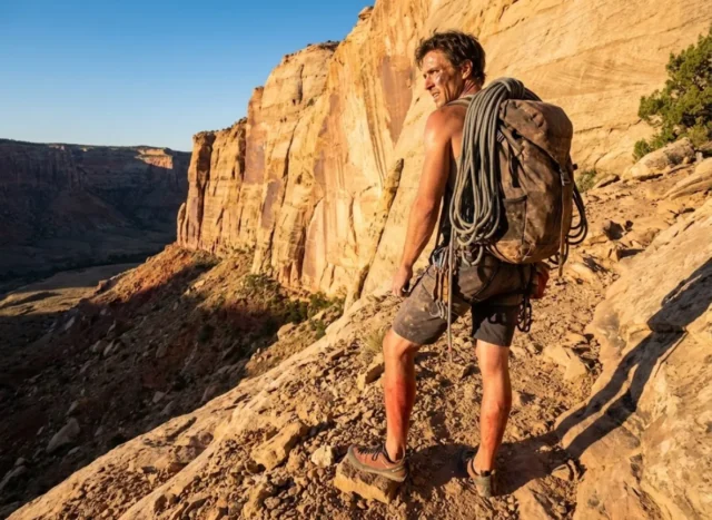 climbers-pact-field-guide A climber hiking on a desert trail with a rope backpack, looking up at red sandstone cliffs during sunrise.