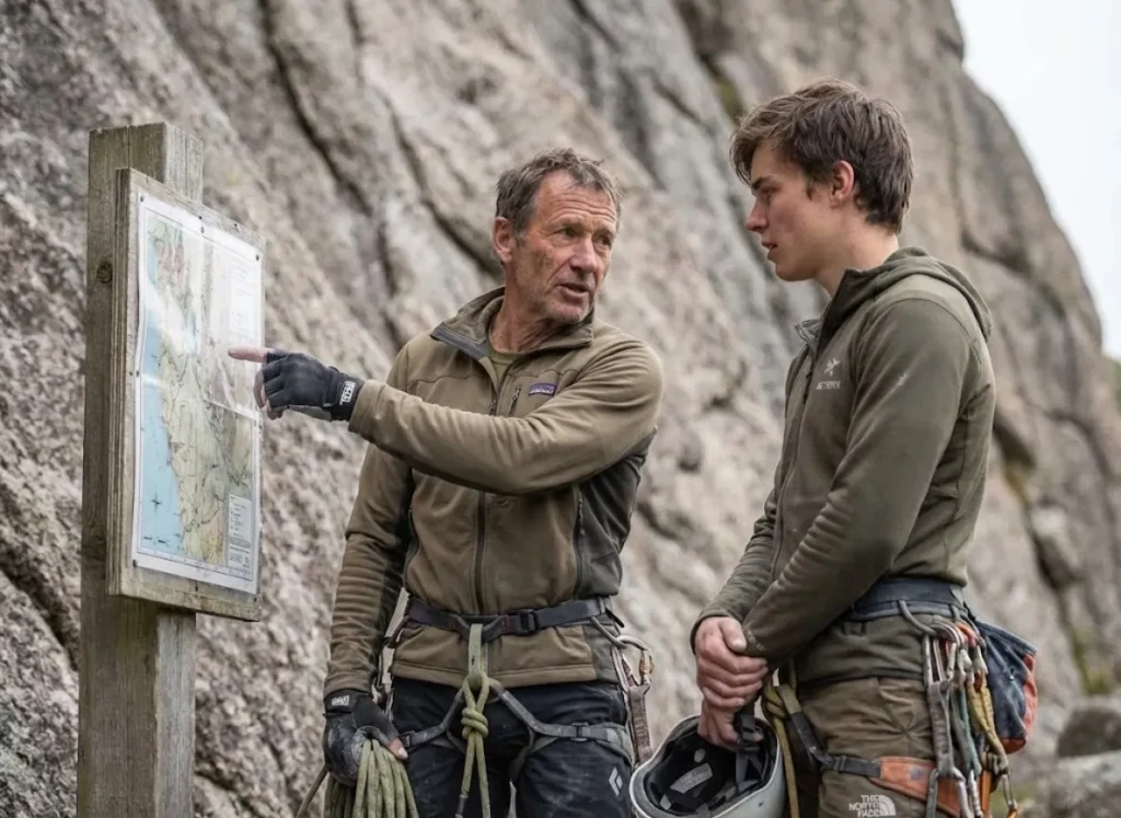 An experienced climber explaining outdoor ethics to a newer climber at the base of a rock wall.