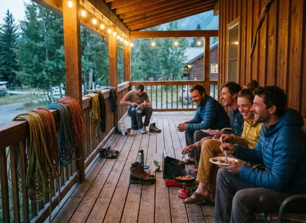 Climbers cooking dinner and socializing on the porch of a rustic cabin, representing the lodging infrastructure benefits of membership.
