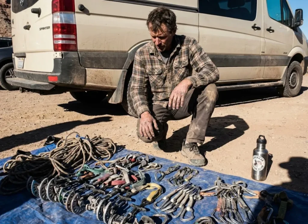 A climber organizing a large amount of rock climbing protection and ropes on a tarp behind a van, illustrating the financial investment of the sport.