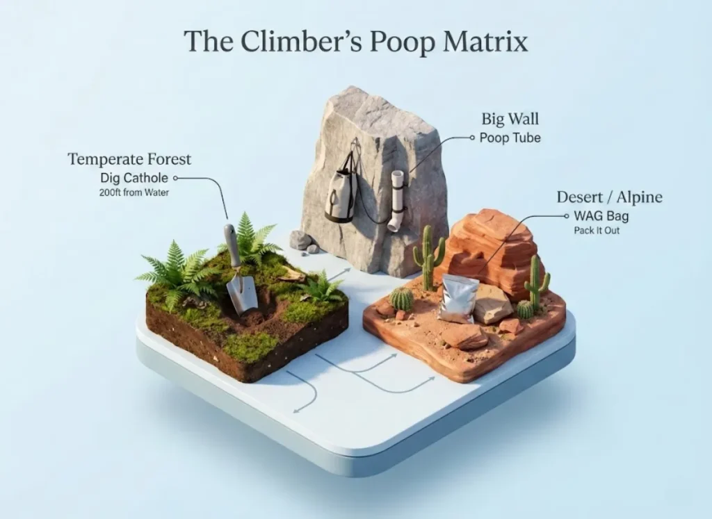 A premium 3D isometric infographic titled "The Climber's Poop Matrix," illustrating outdoor waste disposal methods. The graphic visualizes three distinct biomes: a lush forest with a trowel for "Catholes," a rocky desert with a WAG bag for "Pack It Out," and a sheer granite cliff with a haul bag for "Big Wall" climbing, all connected by elegant flow lines.