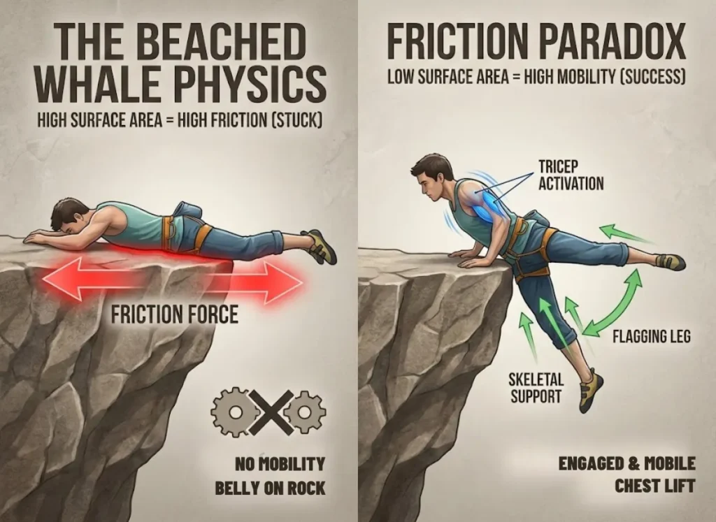 Infographic illustrating the "Beached Whale" rock climbing error and its correction. The left panel, titled 'HIGH SURFACE AREA = HIGH FRICTION (STUCK)', shows a climber with their stomach on a rock ledge, held back by red arrows labeled 'FRICTION FORCE'. The right panel, titled 'LOW SURFACE AREA = HIGH MOBILITY (SUCCESS)', shows the same climber lifting their chest using tricep activation, with smaller green arrows and labels for 'SKELETAL SUPPORT' and 'FLAGGING LEG'.