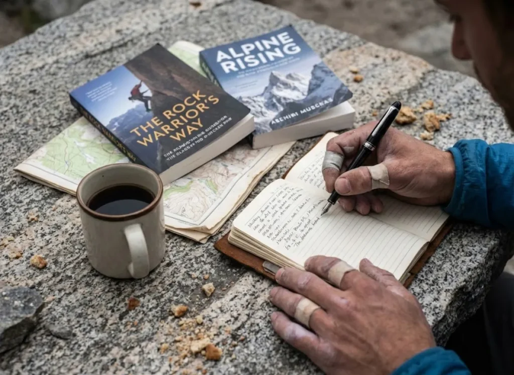 Close up of a climber's hands taking notes from climbing books and maps on a wooden table.