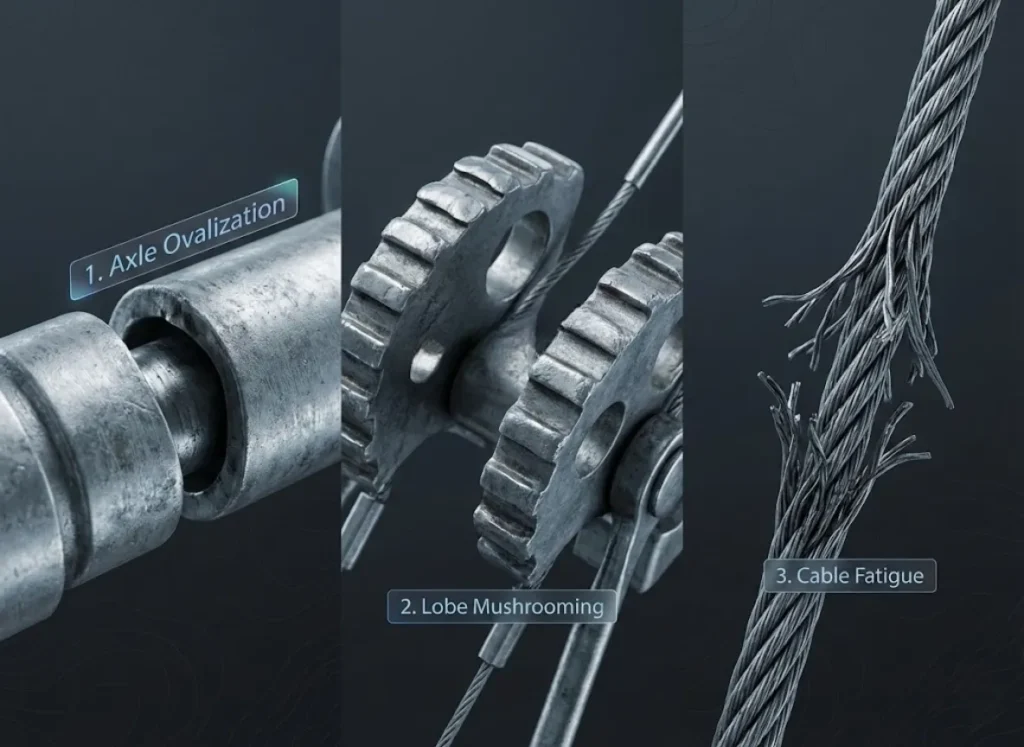 A high-definition triptych infographic showing three fatal defects in rock climbing cams. Left panel: Close up of a cam axle showing an elliptical gap labeled "Axle Ovalization." Center panel: Macro view of flattened cam teeth labeled "Lobe Mushrooming." Right panel: Frayed steel cable at the stem junction labeled "Cable Fatigue." The style is a blend of photorealistic metal textures and clean vector graphics.