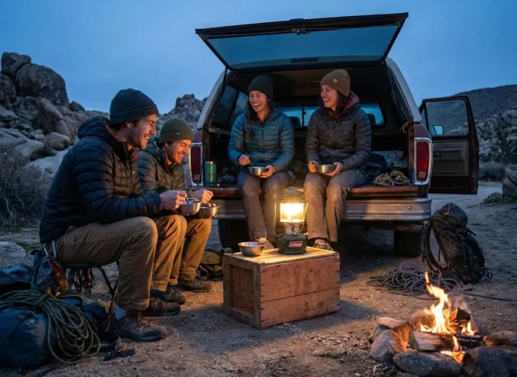 A group of climbers socializing and laughing around a truck tailgate at a campground at dusk.