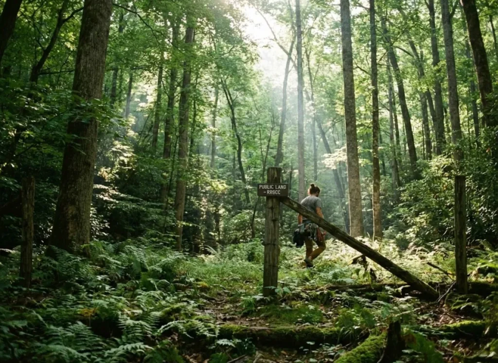 A climber hiking through a dense forest with sunlight filtering through the trees near a property boundary line.