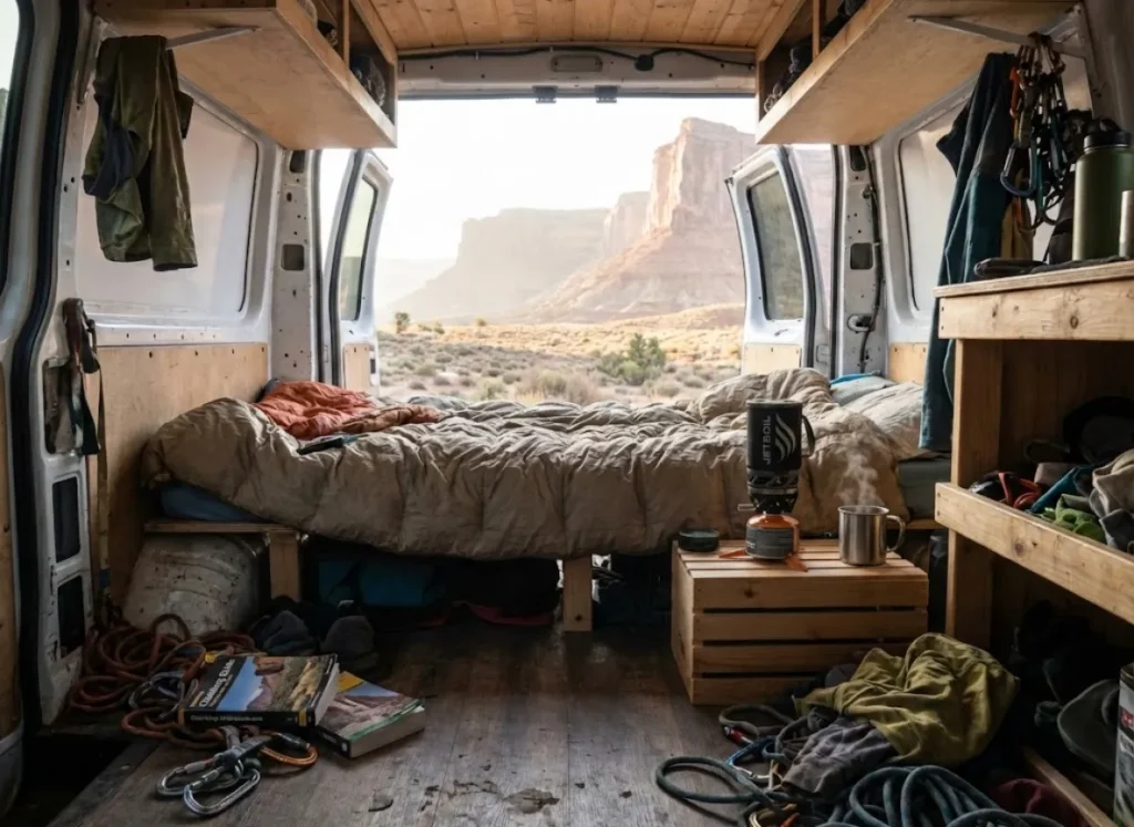 The messy, lived-in interior of a rock climber's van with the back doors open to a desert view.