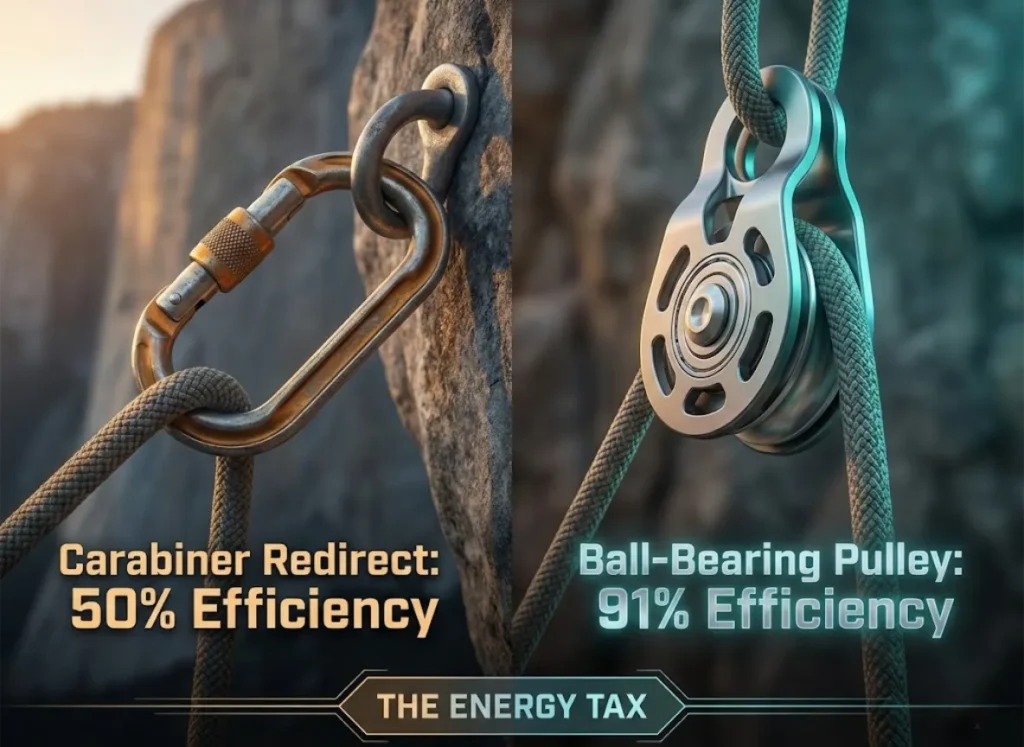 A detailed split-screen 3D visualization comparing rock climbing hauling systems. The left side shows a high-friction carabiner redirect with a rope bending sharply, labeled 50% Efficiency. The right side shows a sleek ball-bearing pulley with a rope flowing smoothly, labeled 91% Efficiency.